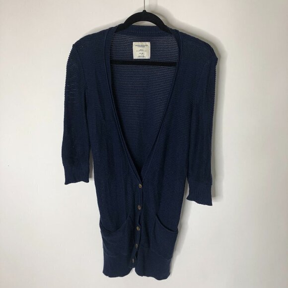 AMERICAN EAGLE Knit Navy 3/4 Sleeve Button Pocket Long Cardigan Cozy Sweater - Picture 1 of 11